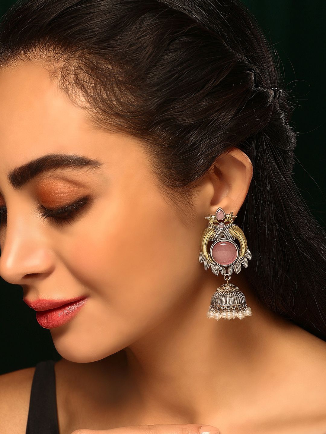 

Priyaasi Gold Plated Quartz Studded Oxidised Contemporary Jhumkas Earrings