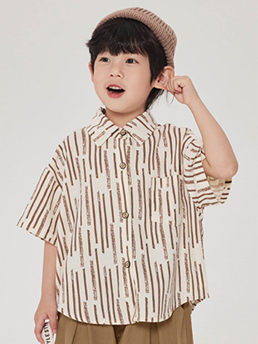 

LULU & SKY Boys Oversized Fit Spread Collar Vertical Striped Organic Cotton Casual Shirt, Beige