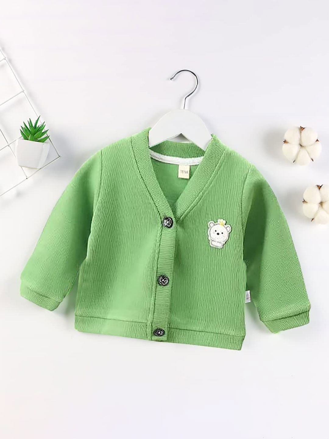 

MOMISY Kids V Neck Ribbed Cotton Cardigan, Green