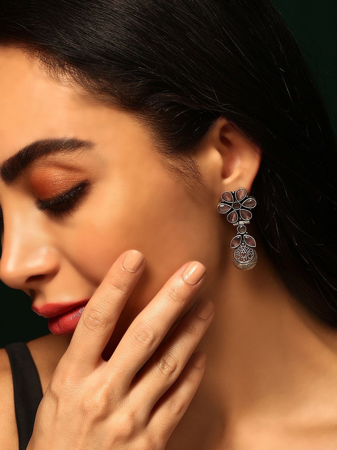 

Priyaasi Silver-Plated Contemporary Crystals Oxidised Drop Earrings