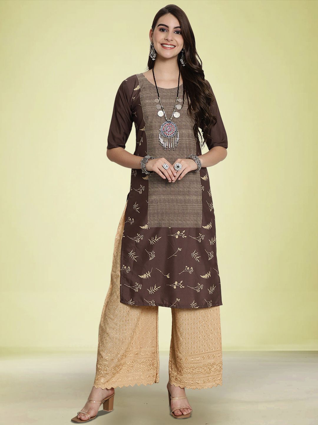 

Moda Rapido Floral Printed Round Neck Straight Kurta, Brown
