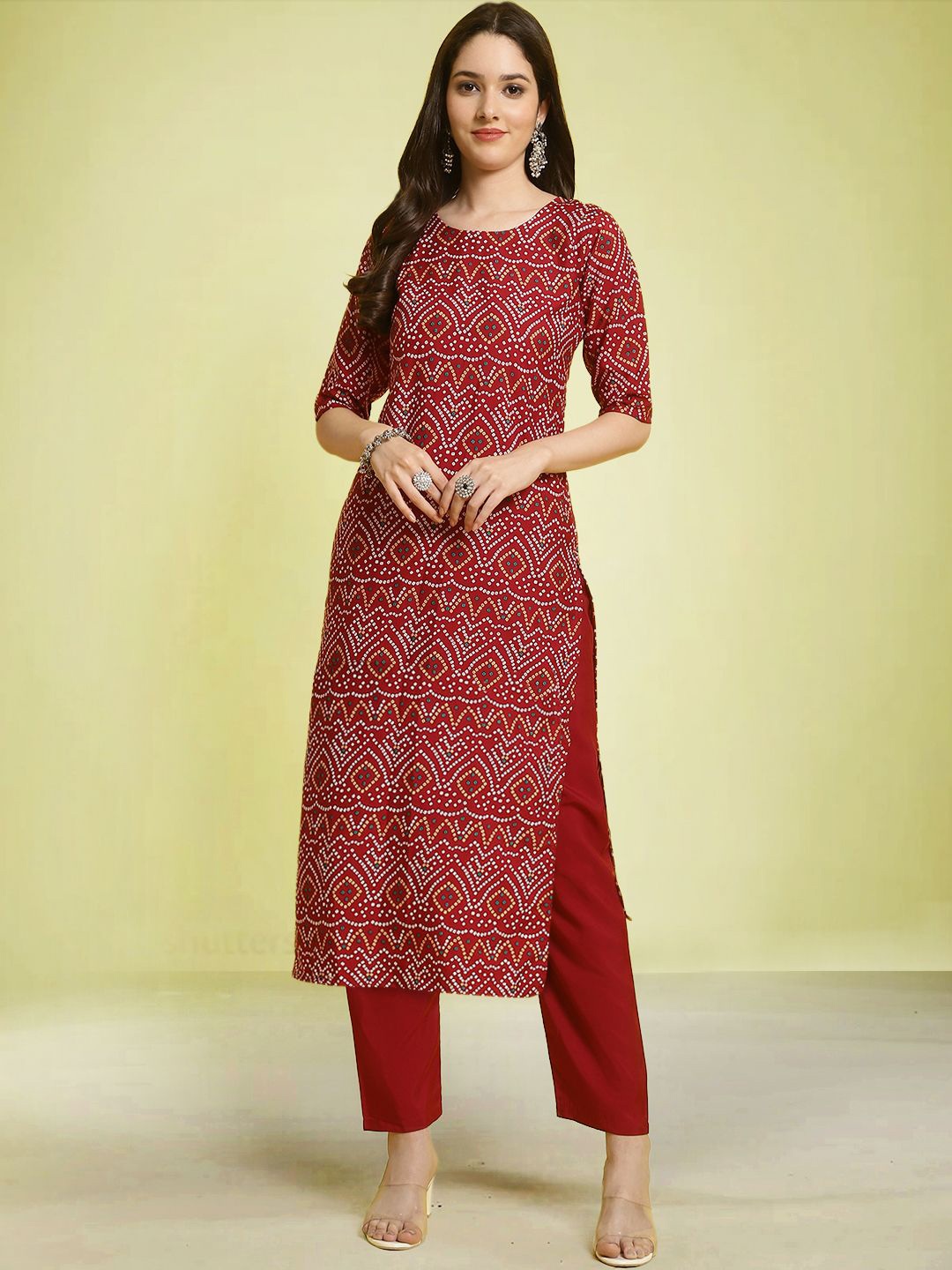 

Moda Rapido Bandhani Printed Round Neck Straight Kurta With Trouser, Maroon
