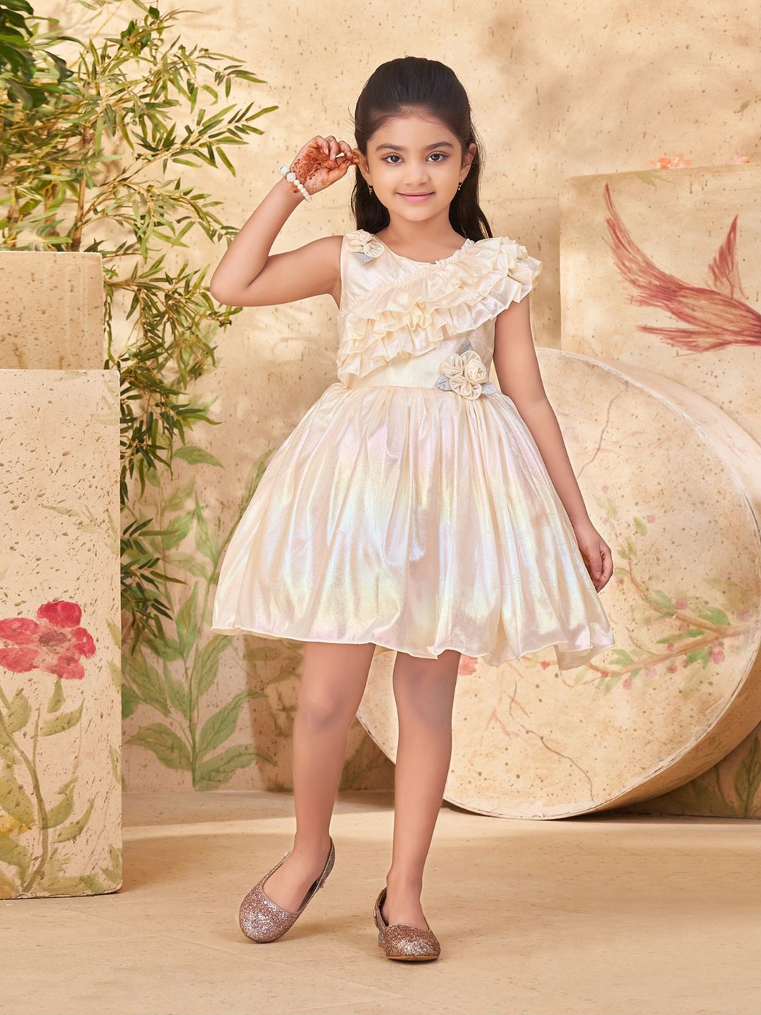 

YK Floral Flutter Sleeve Fit & Flare Midi Dress, Beige