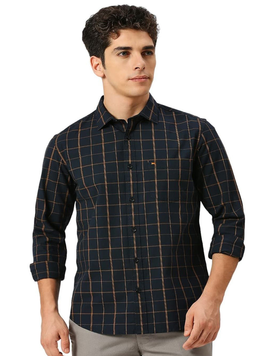 

Basics Men Slim Fit Spread Collar Grid Tattersall Checked Cotton Casual Shirt, Black