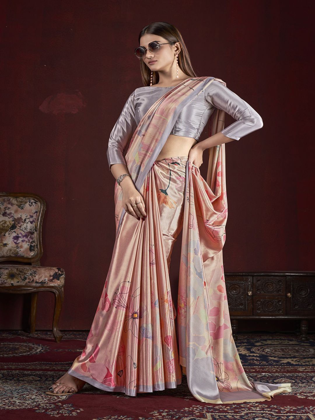 

Krimmple Floral Mysore Silk Saree, Pink