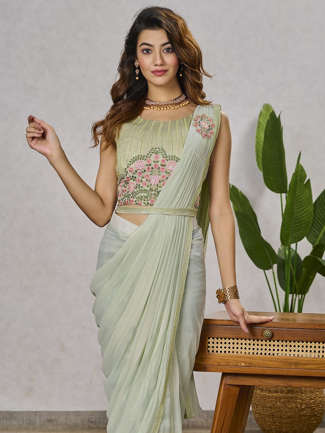 

Krimmple Pure Georgette Ready to Wear Saree with Stitched Blouse, Green