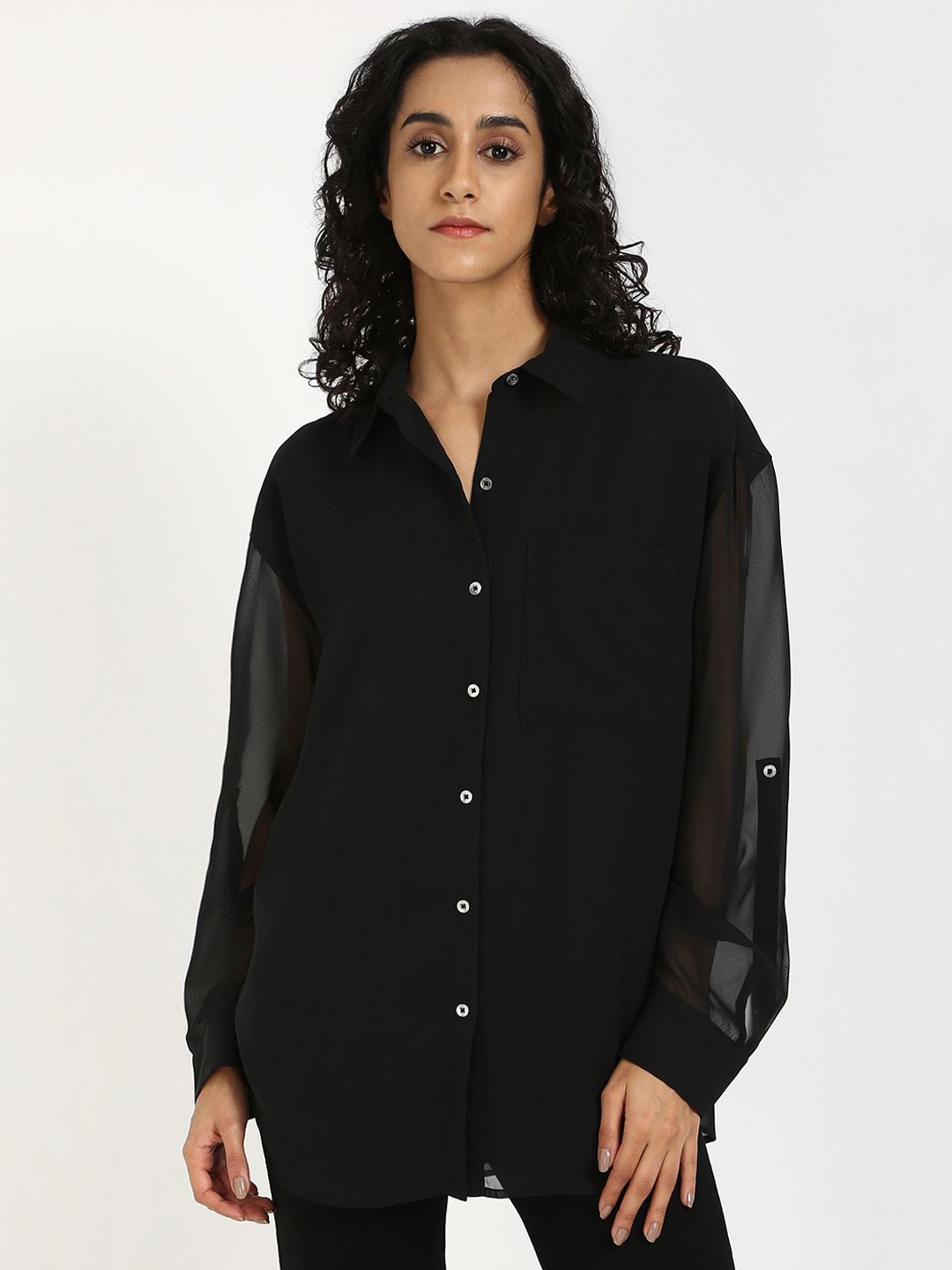 

Calvin Klein Jeans Women Cuffed Sleeves Shirt Style Top, Black