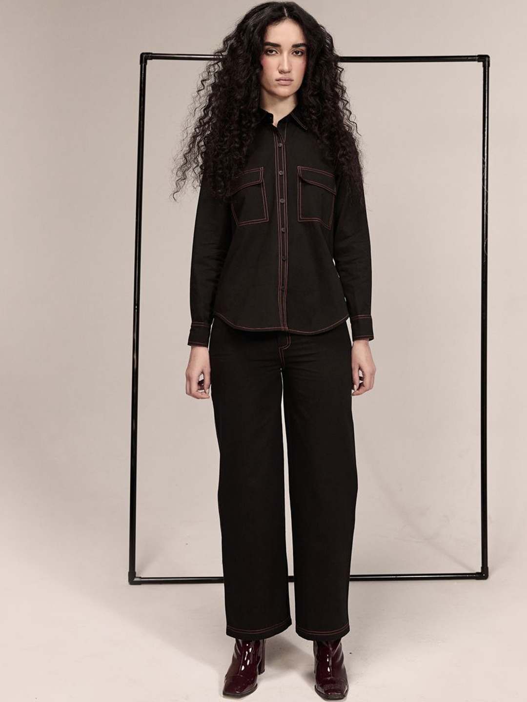 

Midsummer Shirt Collar Shirt With Trouser Co-ord Set, Black