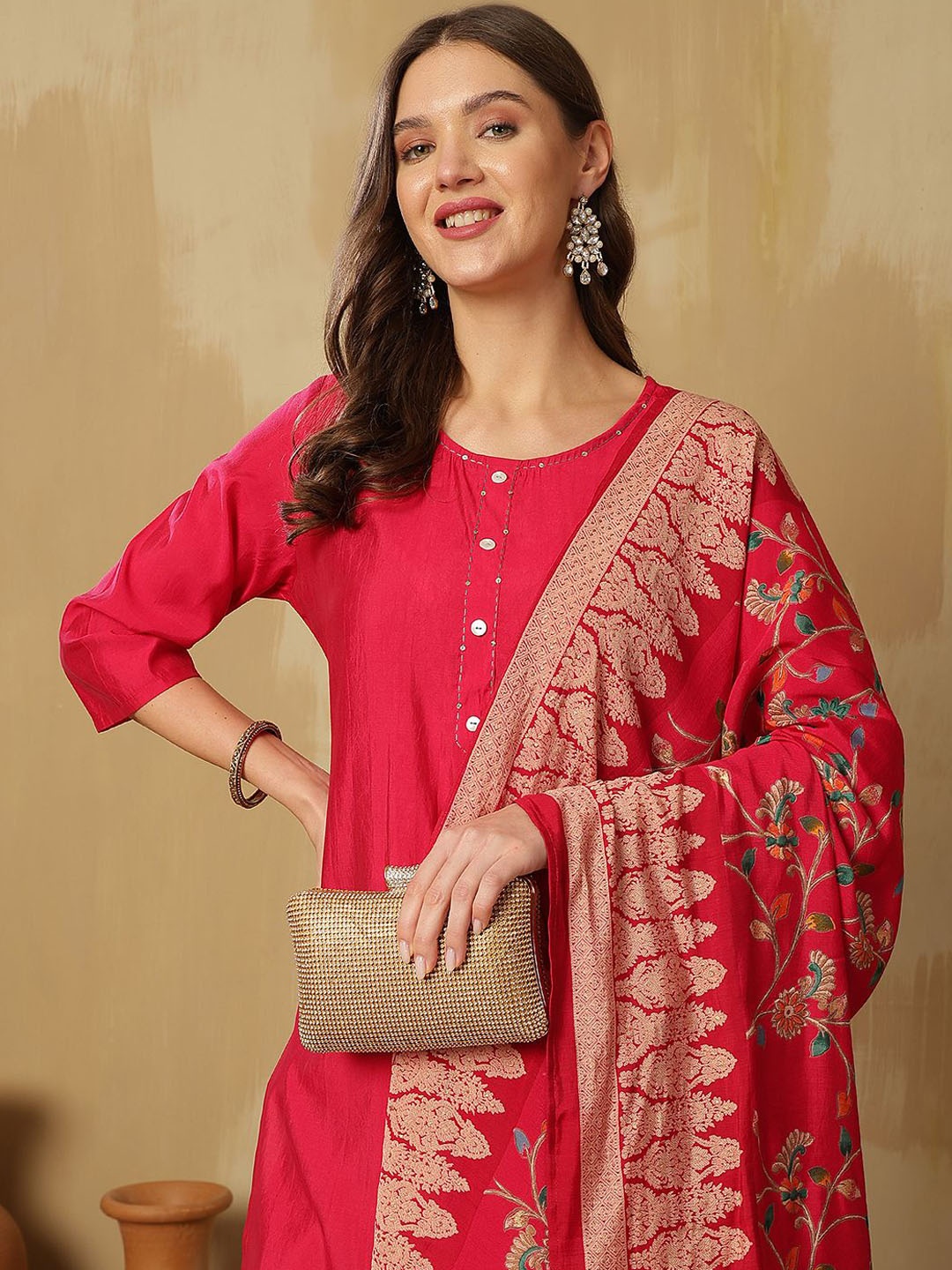 

Anouk Women Regular Pure Silk Kurta with Trousers & With Dupatta, Fuchsia