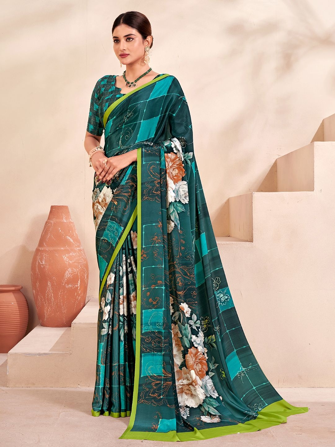 

Krimmple Floral Printed Saree, Blue