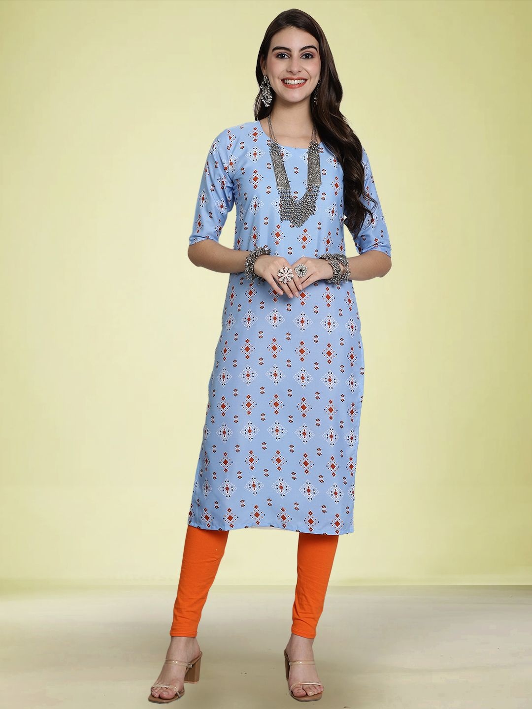 

Moda Rapido Geometric Printed Round Neck Straight Kurta, Blue