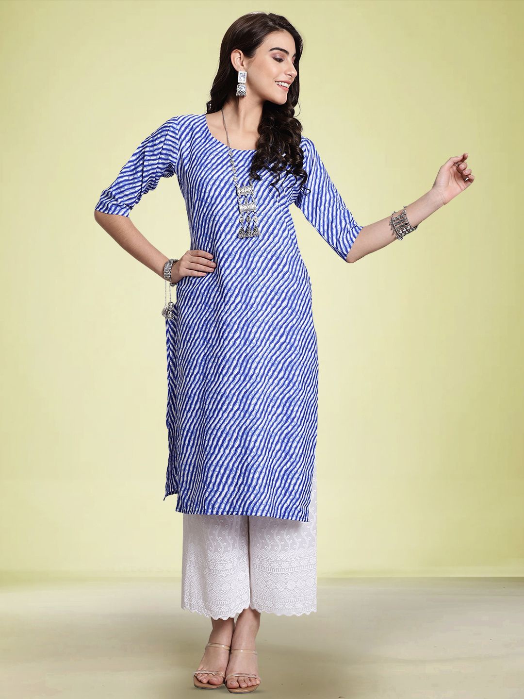 

Moda Rapido Leheriya Printed Round Neck Straight Kurtas, Blue