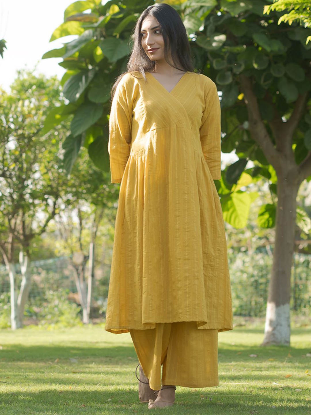 

JITI Striped Woven Design Pure Cotton Anarkali Kurta with Palazzos, Yellow