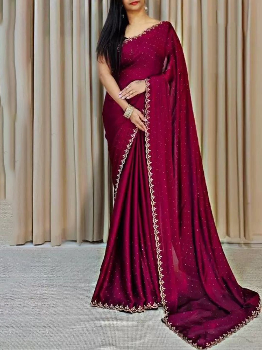 

KALINI Embellished Beads and Stones Pure Georgette Saree, Burgundy