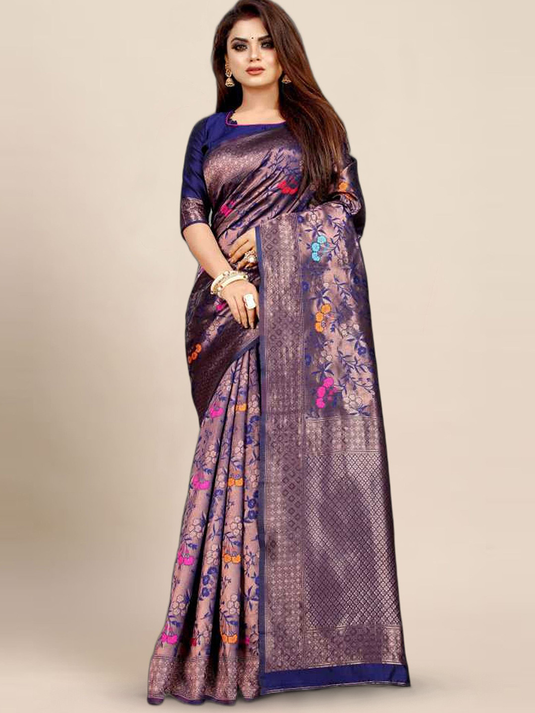

bigben textile Floral Woven Design Zari Banarasi Saree, Purple