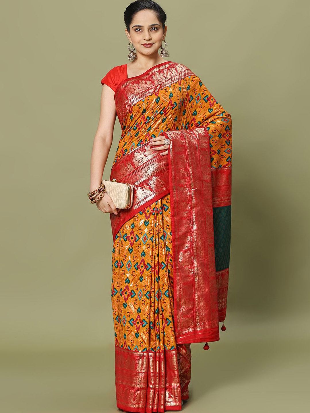 

Meena Bazaar Ethnic Motifs Printed Zari Saree, Mustard