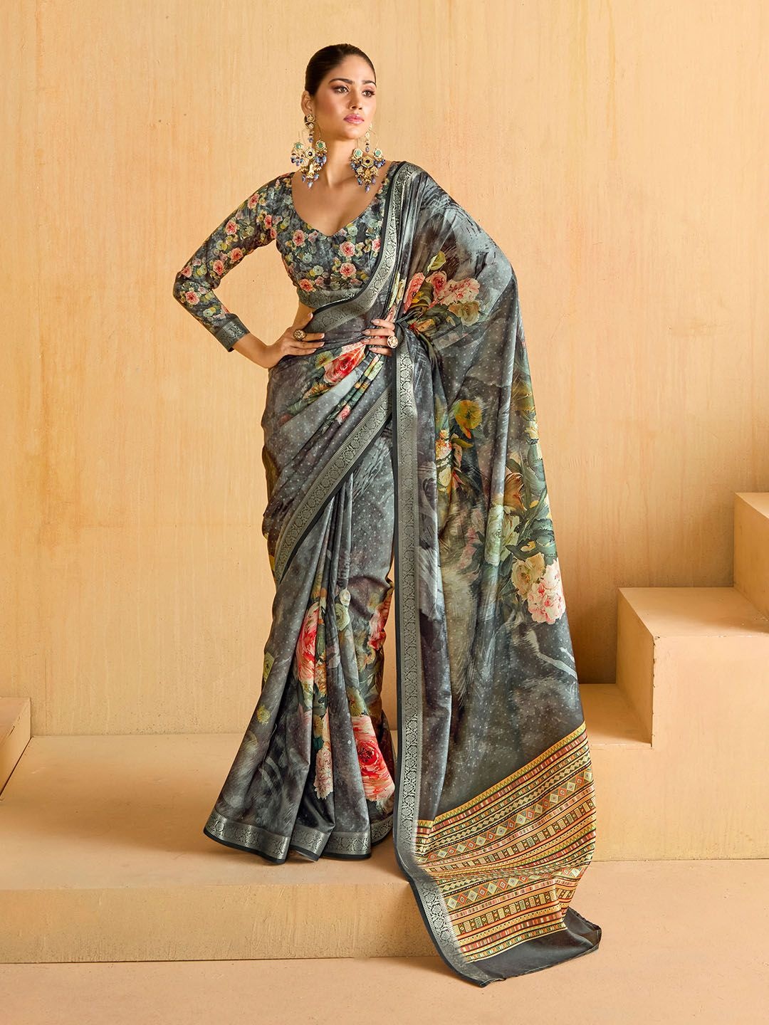 

Meena Bazaar Floral Printed Saree, Grey
