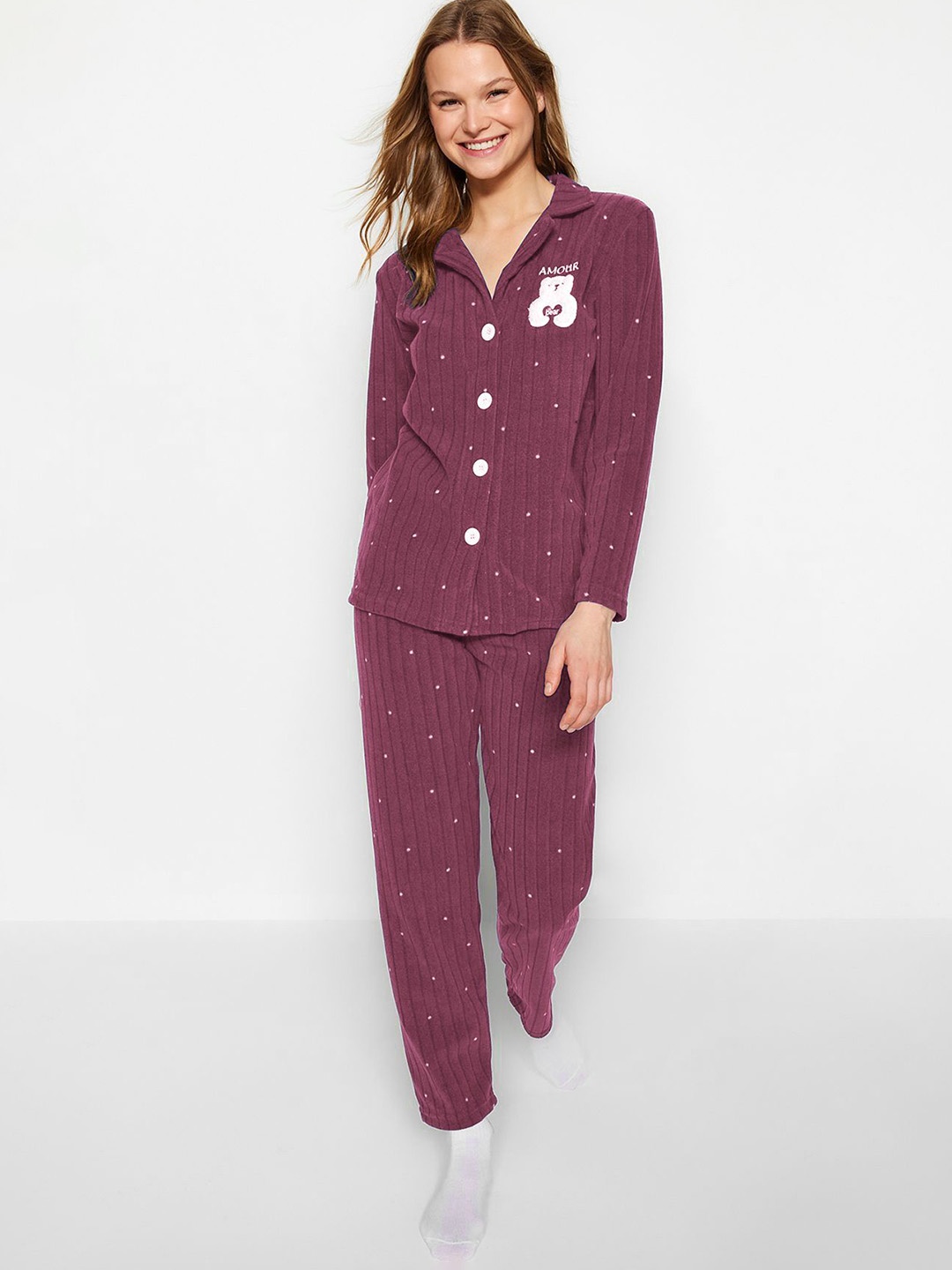 

Trendyol Women Lapel Collar Night Suit, Maroon