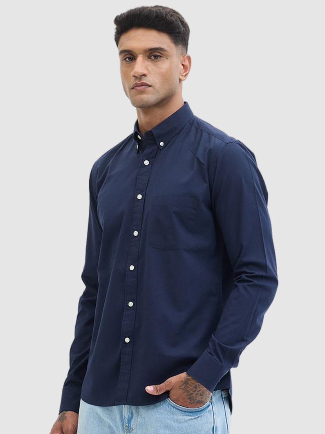 

Snitch Men Smart Fit Button-Down Collar Solid Cotton Casual Shirt, Navy blue