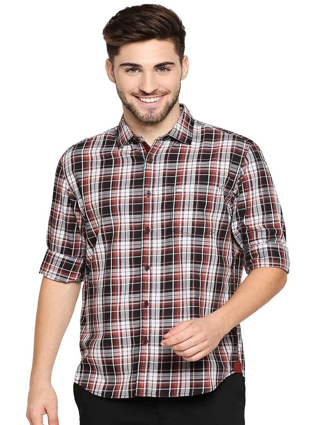 

Basics Men Slim Fit Spread Collar Tartan Checked Cotton Casual Shirt, Grey