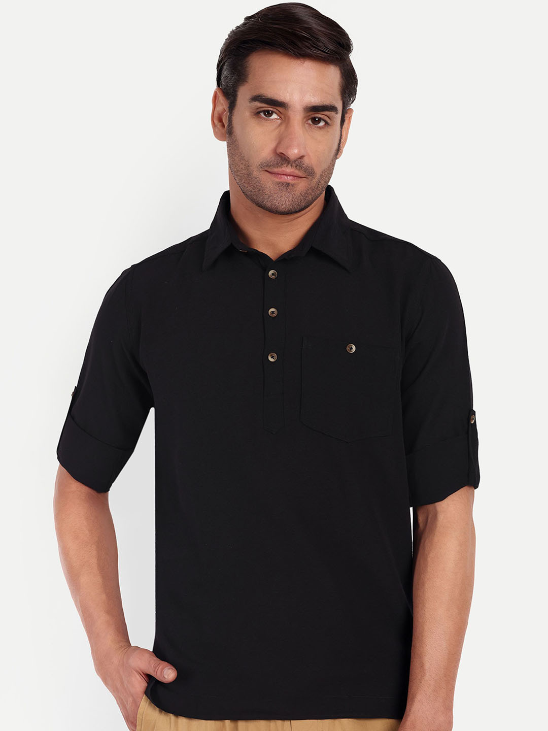 

LIFE ROADS Shirt Collar Roll-Up Sleeves Pure Cotton Straight Short Kurta, Black