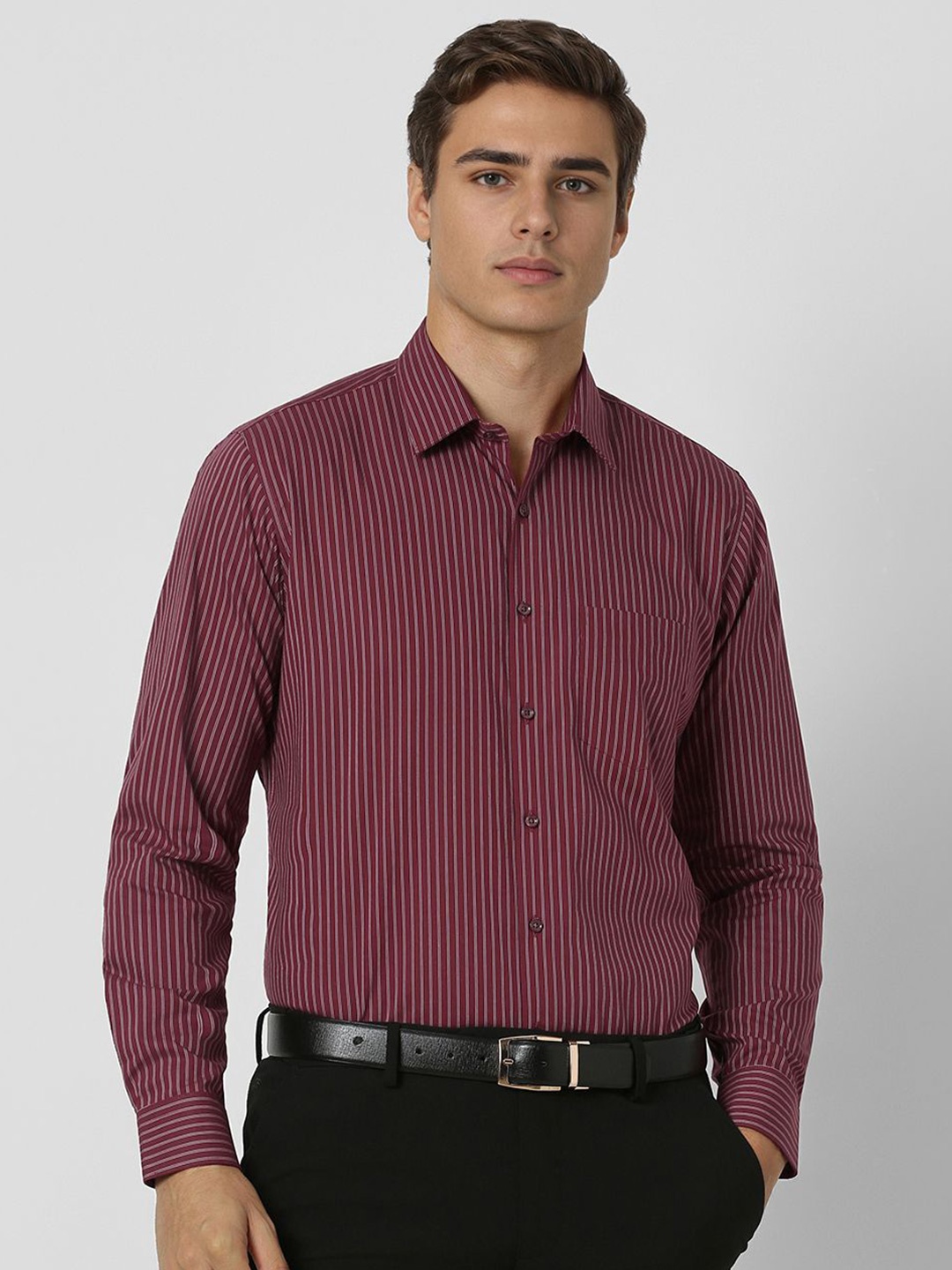 

Van Heusen Men Slim Fit Opaque Striped Formal Shirt, Maroon