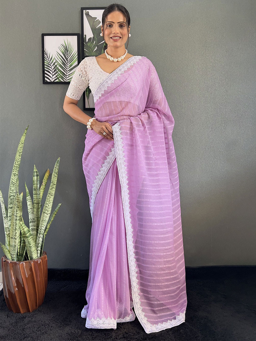 

JULEE Striped Embroidered Pure Chiffon Ready to Wear Saree, Lavender