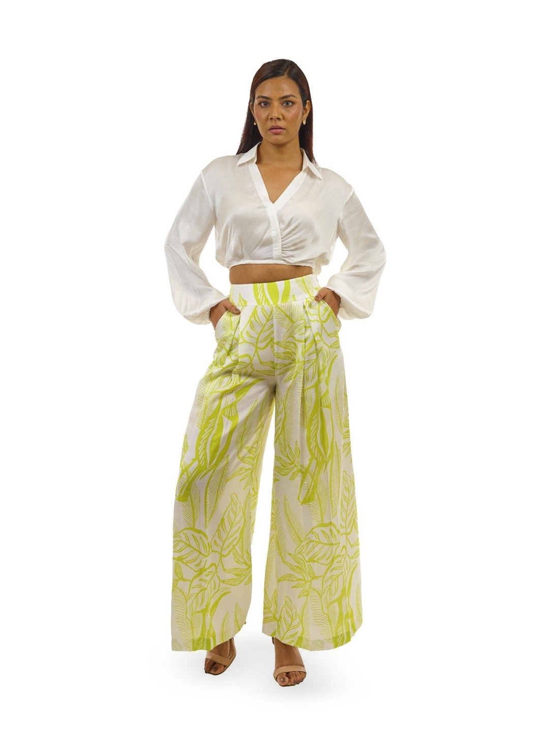 

LUXERAA Shirt Collar Top With Palazzo, White