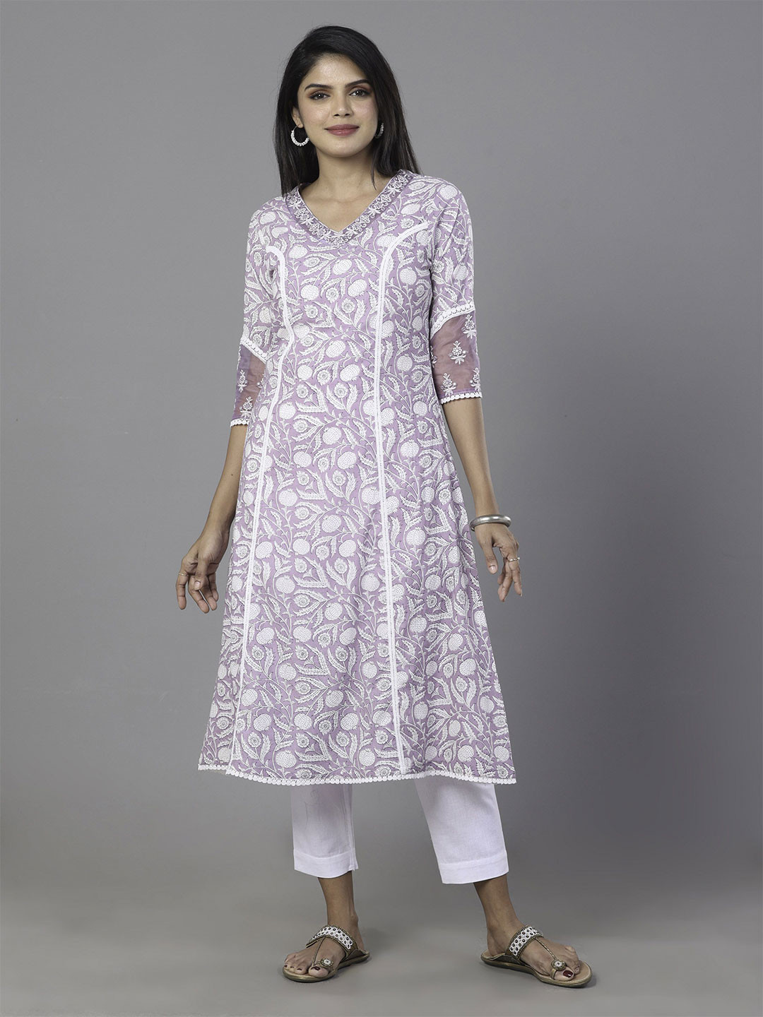 

Vismay Floral Embroidered V-Neck Mirror Work Pure Cotton A-Line Kurta, Purple
