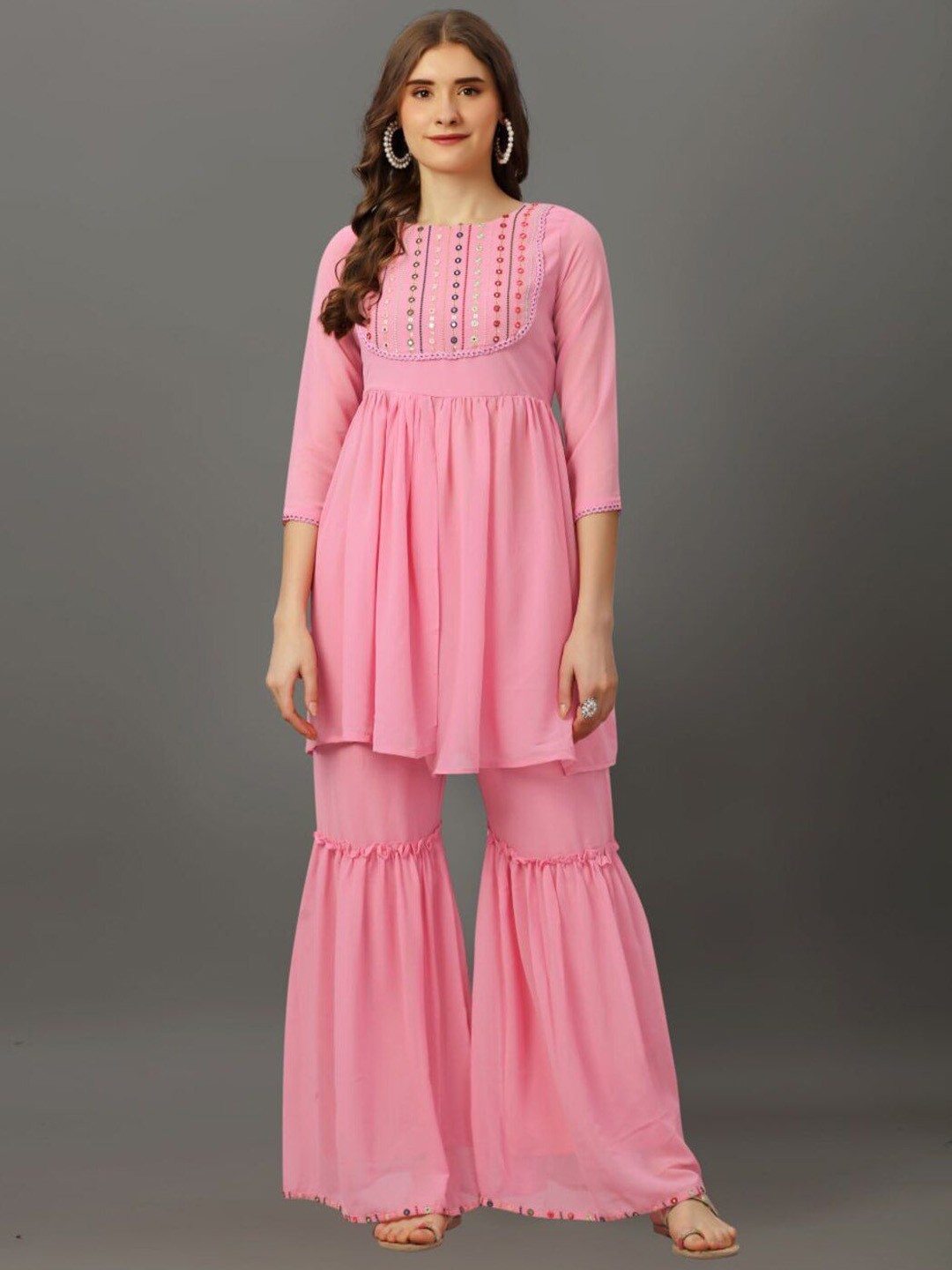 

ASCIIBLUES Women Yoke Design Regular Mirror Work Kurti with Trousers, Pink