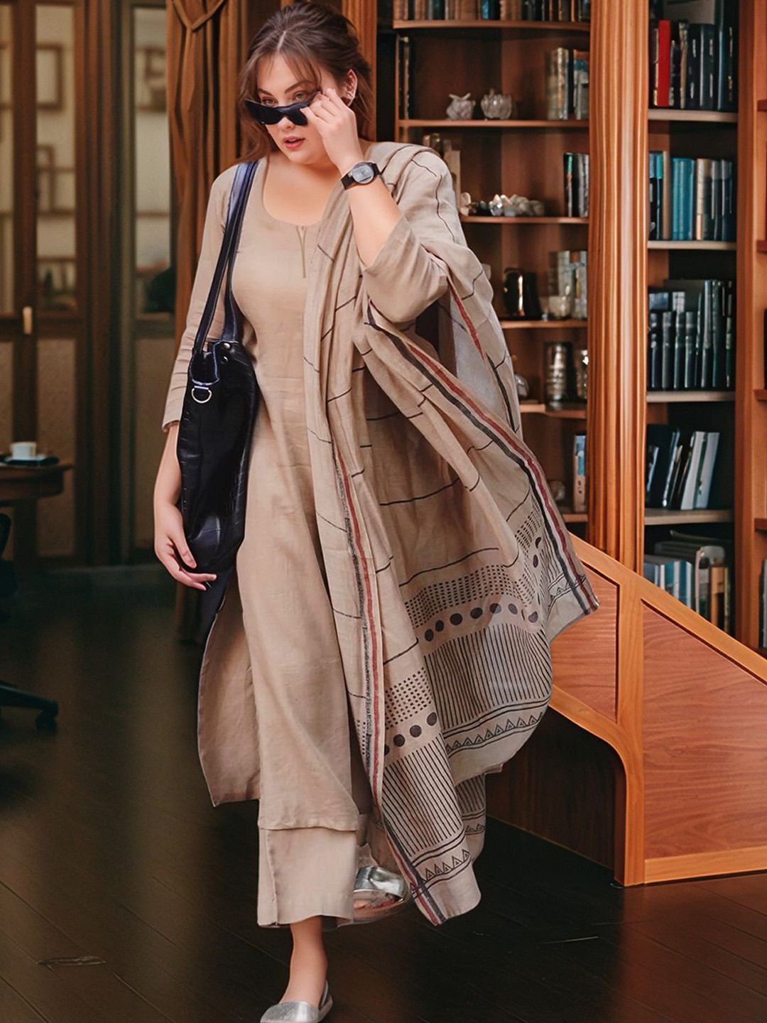 

GoSriKi Round Neck Straight Kurta With Palazzos And Dupatta, Beige