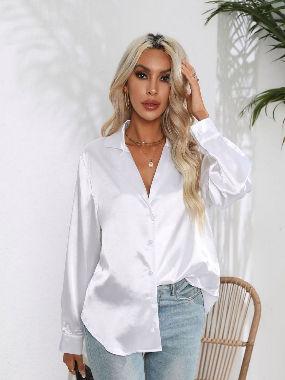 

Oh Rare Women Cuban Collar Solid Casual Shirt, White