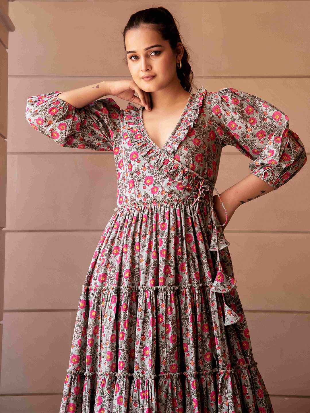 

Pomcha Women Floral Printed Ruffled Cotton Maxi Dress, Pink