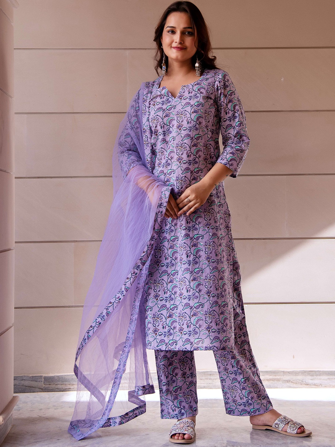 

Pomcha Floral Printed Pure Cotton Straight Kurta with Palazzos & Dupatta, Lavender