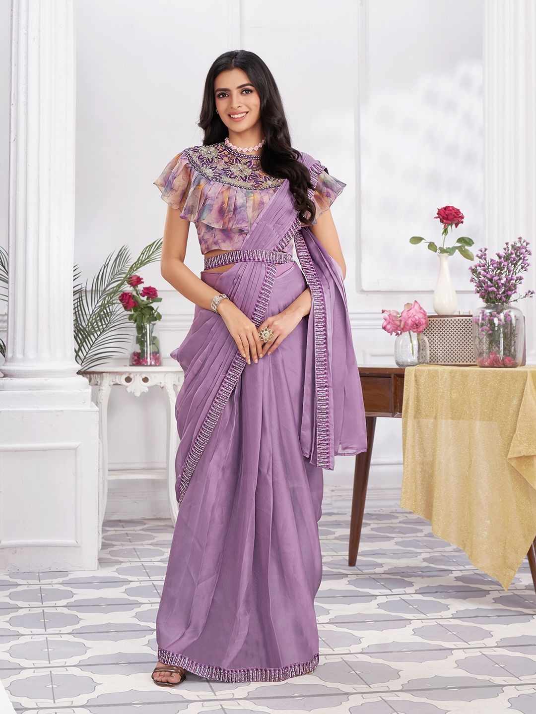 

Krimmple Pure Georgette Ready to Wear Saree, Purple