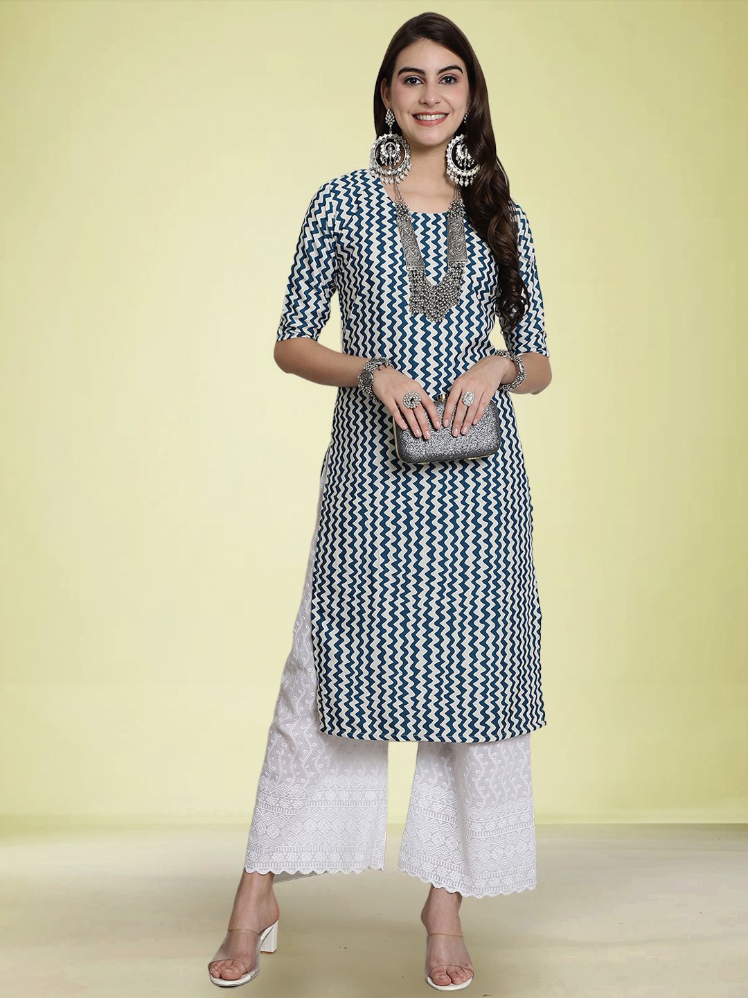 

Moda Rapido Chevron Printed Round Neck Straight Kurta, Blue