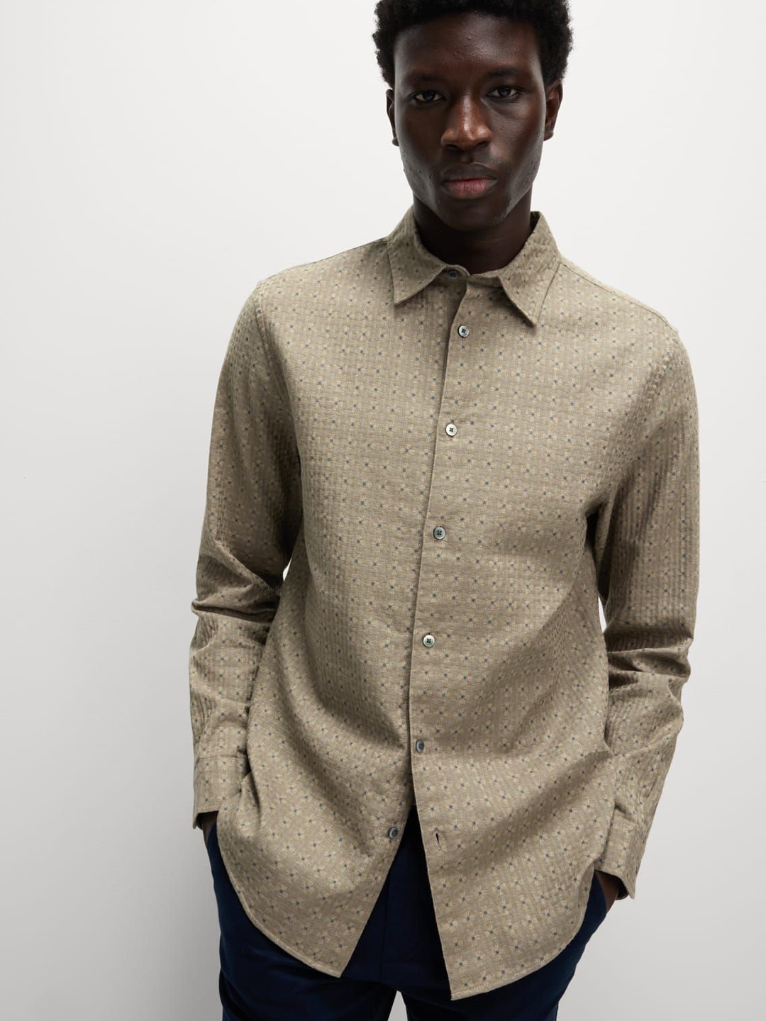 

Marks & Spencer Men Spread Collar Floral Printed Cotton Formal Shirt, Beige