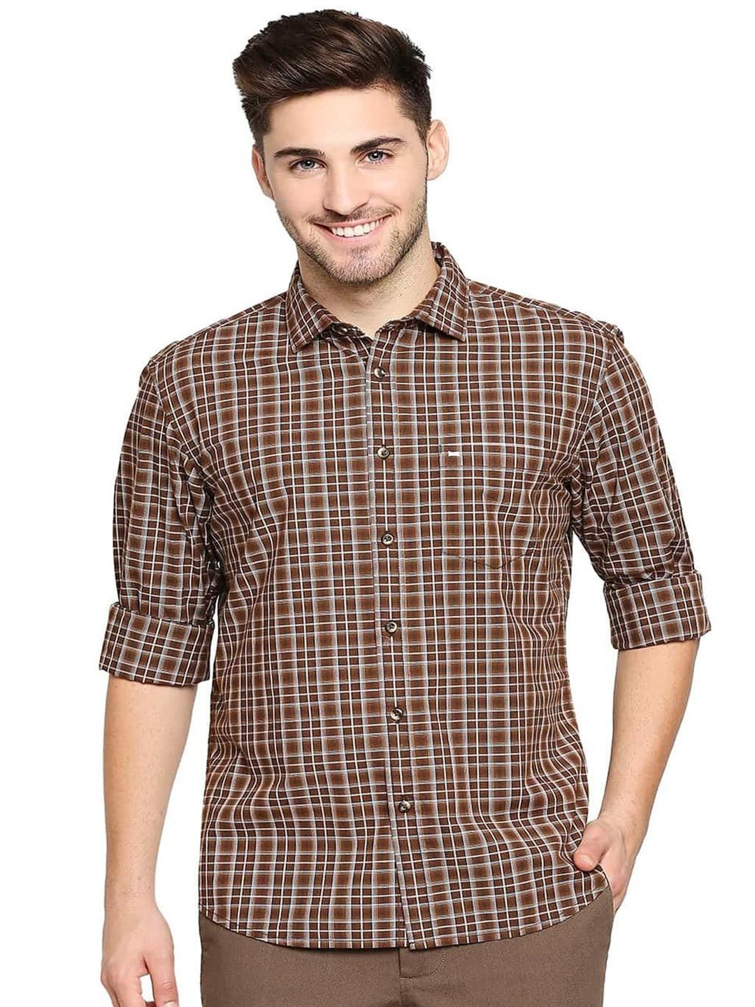

Basics Men Slim Fit Spread Collar Checked Cotton Casual Shirt, Brown