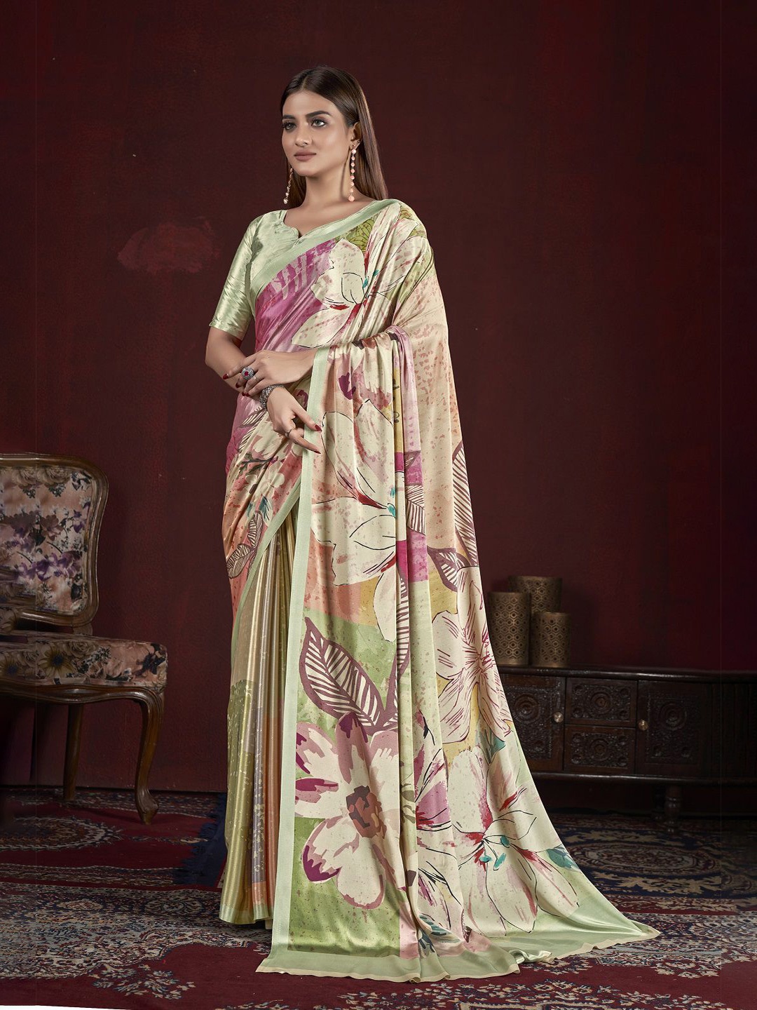 

Krimmple Floral Printed Mysore Silk Saree, Green