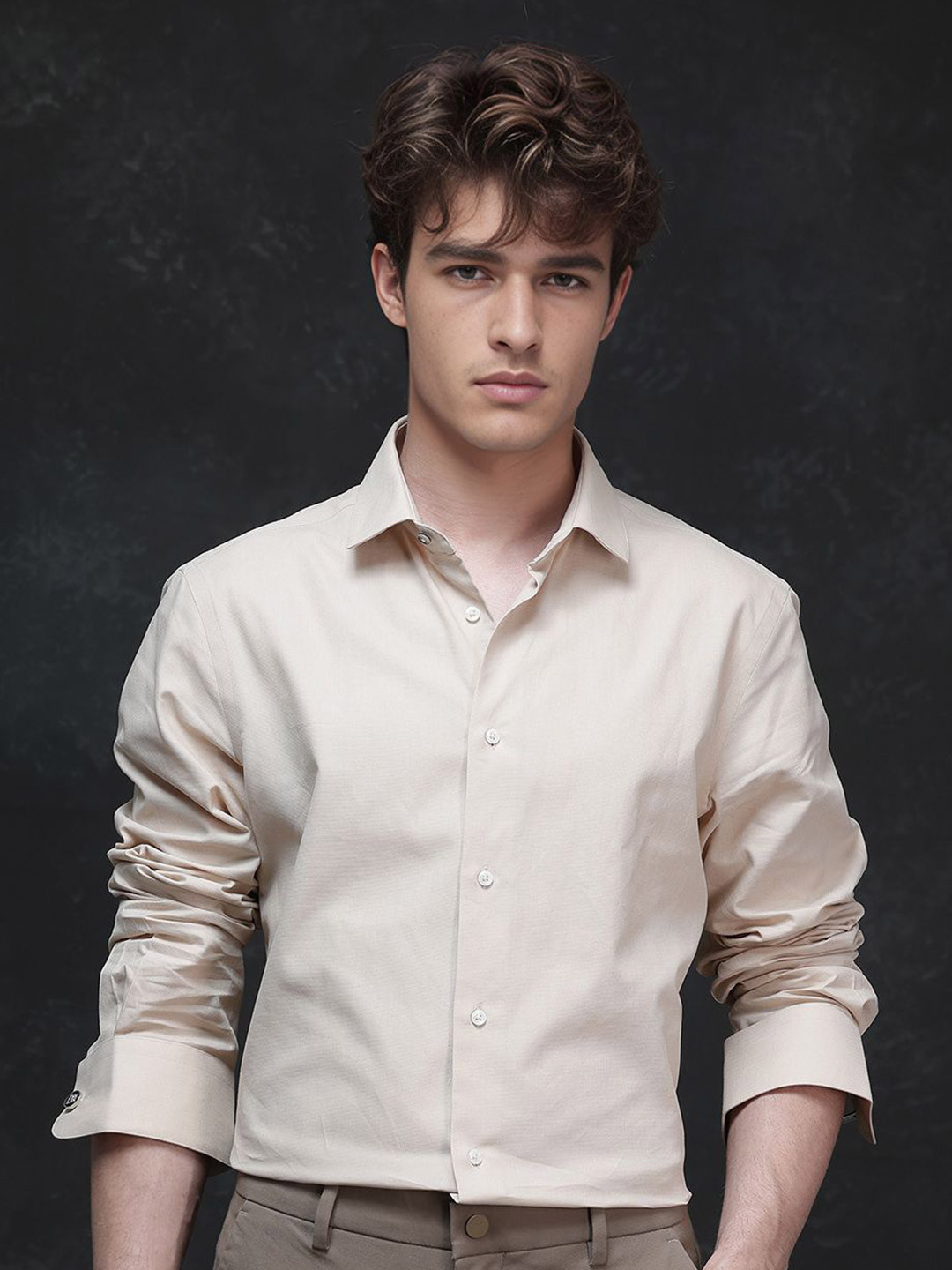 

RARE RABBIT Men LASKO Comfort Fit Spread Collar Solid Cotton Casual Shirt, Beige