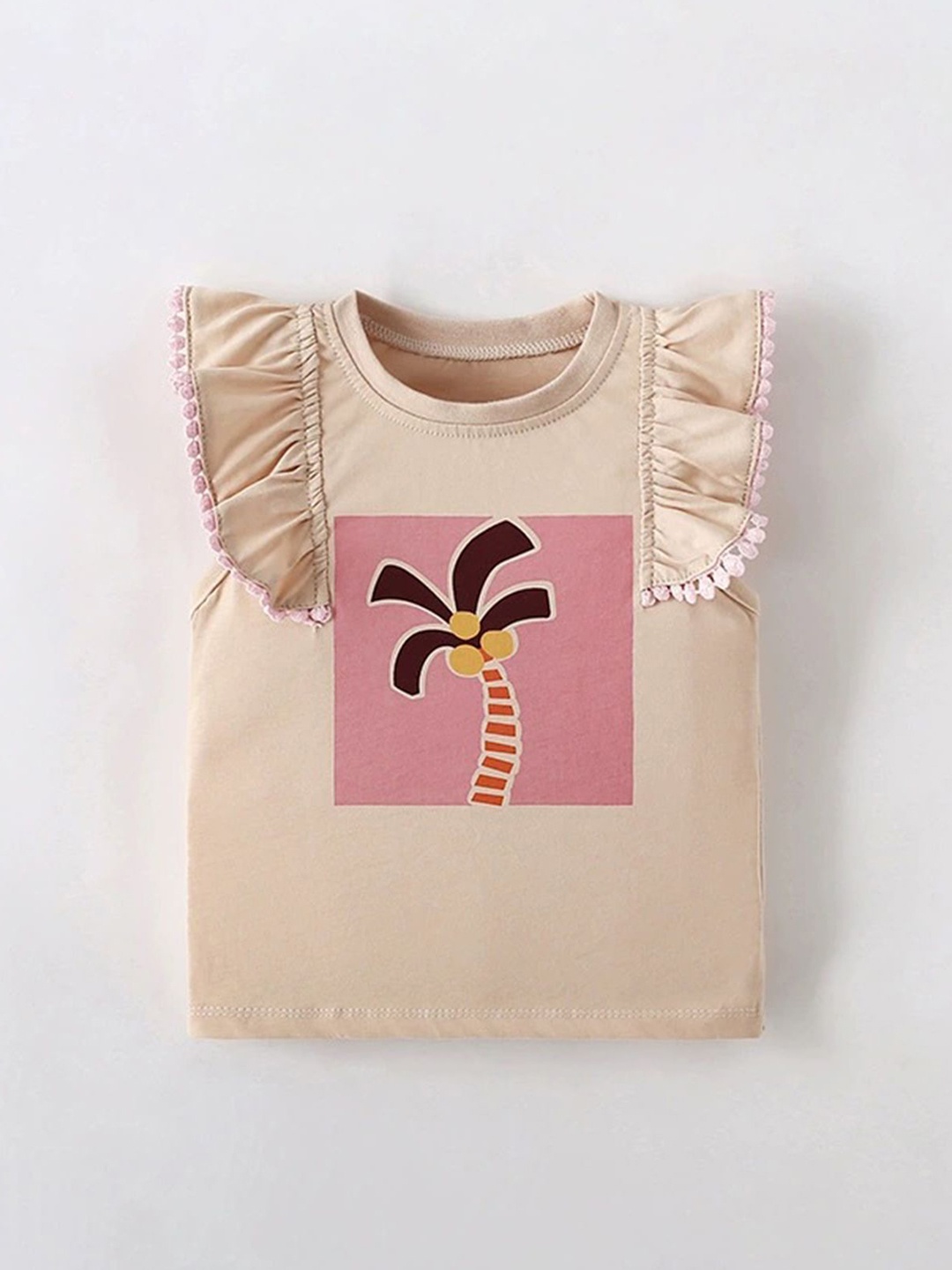 

LULU & SKY Girls Printed Flutter Sleeve Cotton Top, Khaki