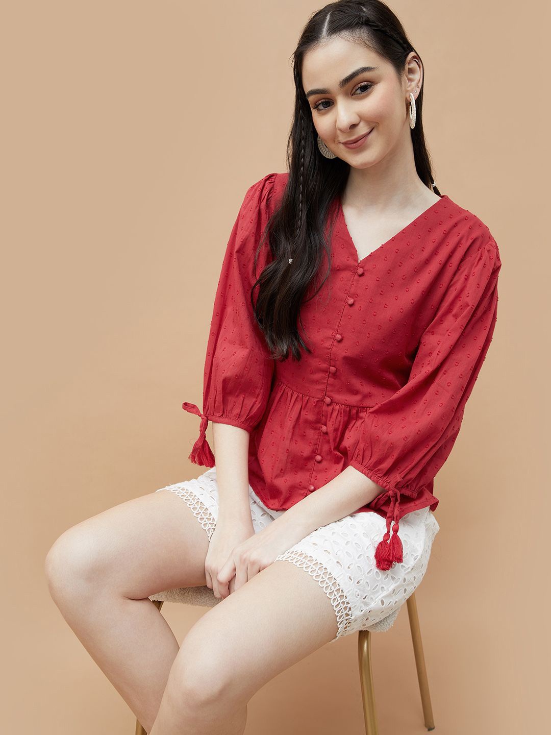 

Colour Me by Melange Women V-Neck Bishop Sleeves Pure Cotton Cinched Waist Top, Red