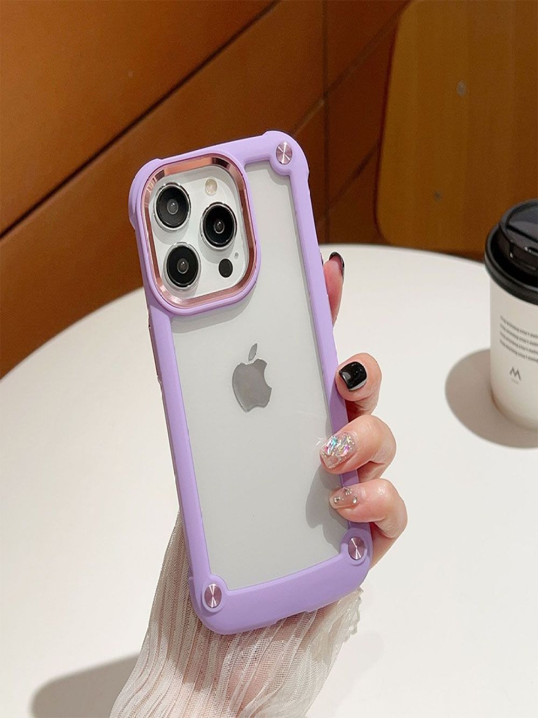 

Luxury Kase Solid iPhone 15 Pro Clear Armor Shockproof Acrylic Metal Button Back Case, Purple