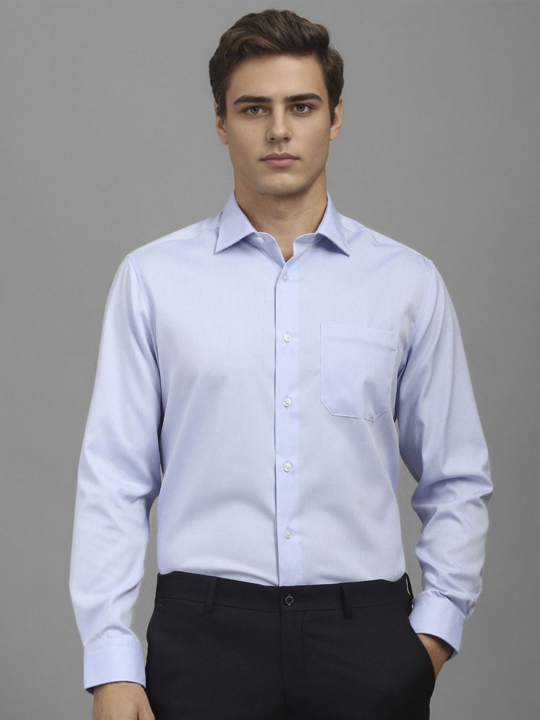 

Louis Philippe Men Classic Fit Spread Collar Solid Cotton Formal Shirt, Blue