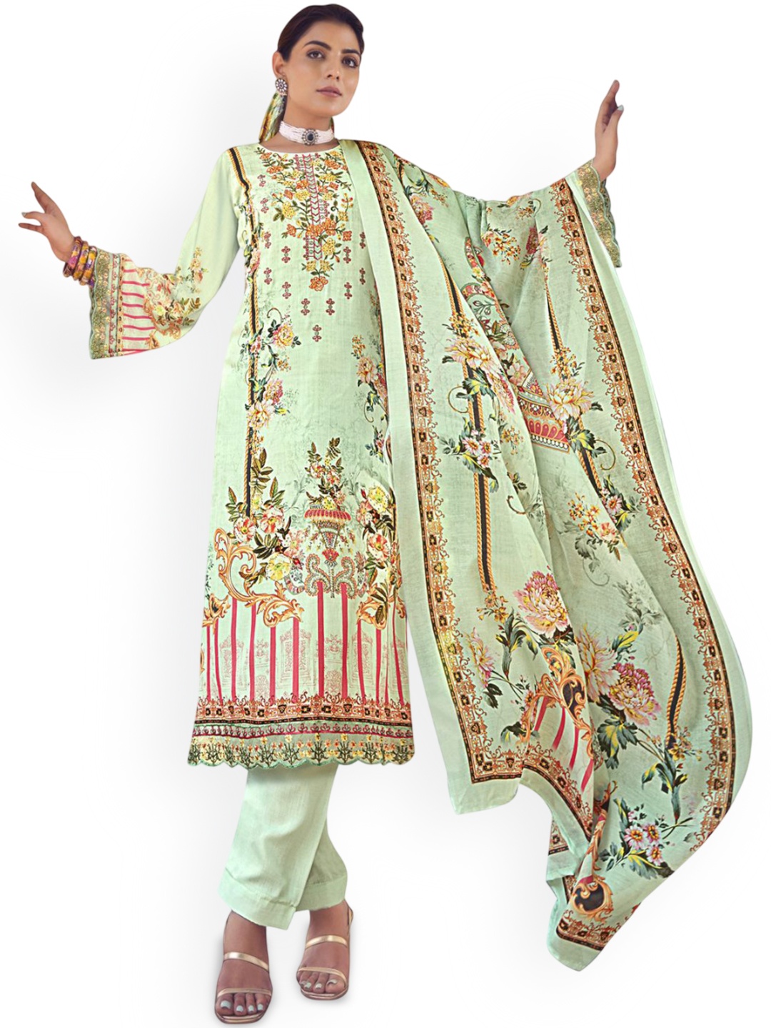 

DRAVINAM Trends Embroidered Pure Cotton Unstitched Dress Material, Green