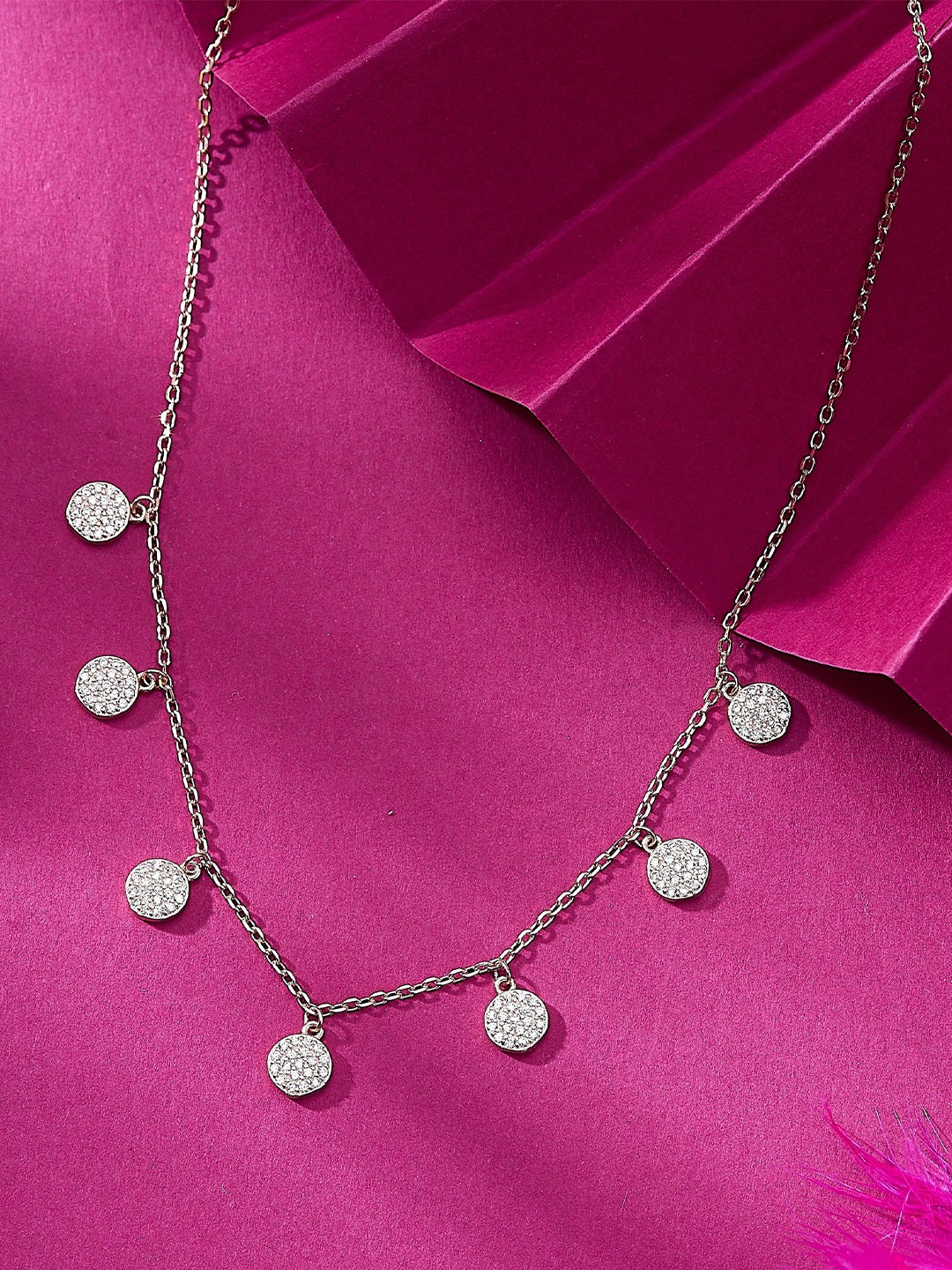 

Nipura Sterling Silver Rhodium-Plated Cubic Zirconia Studded Seven Charms Minimal Chain