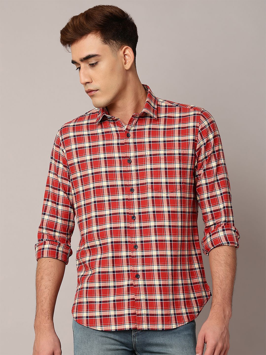 

TQS Men Shepherd Checks Opaque Checked Casual Shirt, Red