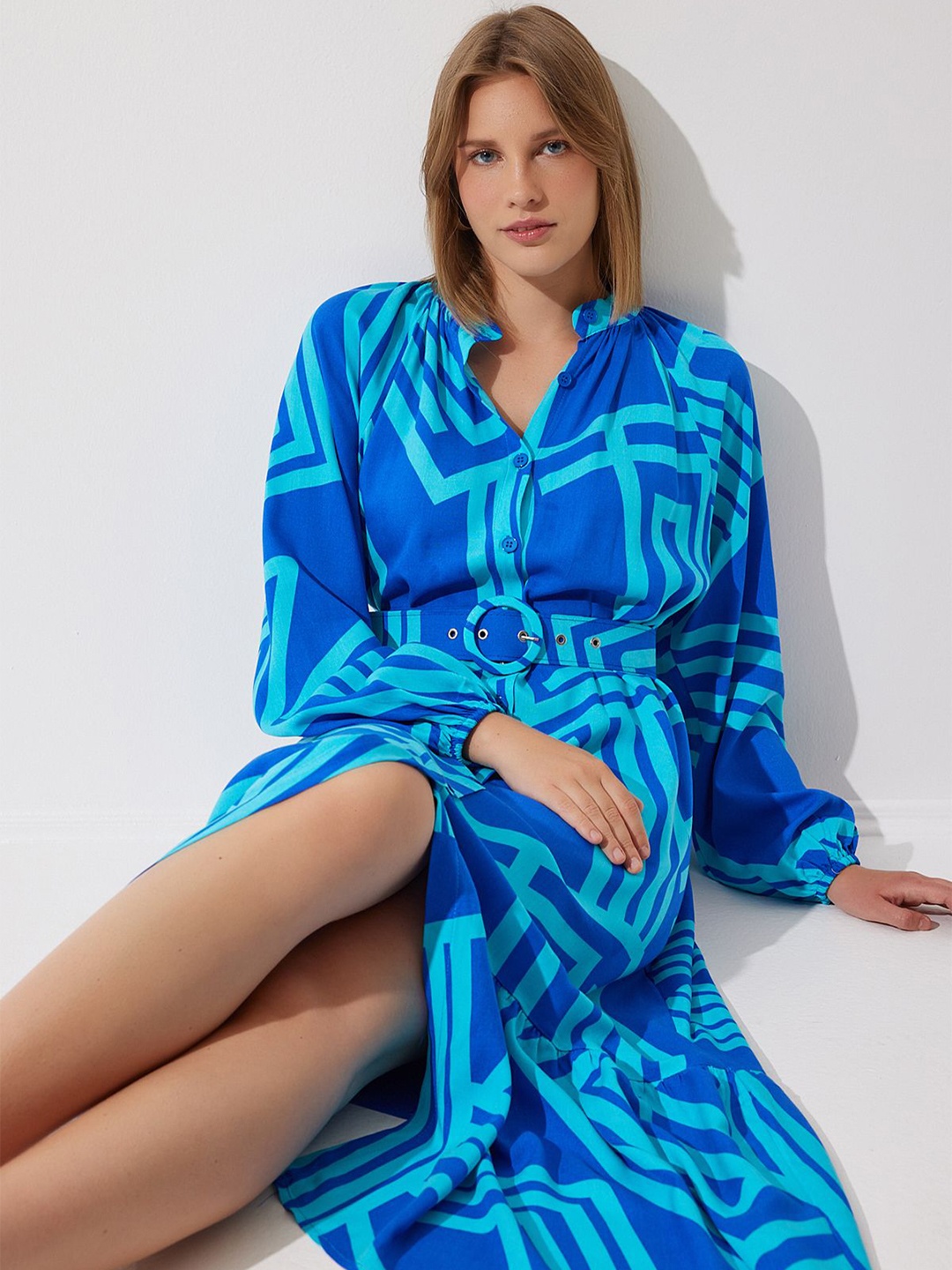 

Happiness istanbul Abstract Printed Fit & Flare Dress, Blue