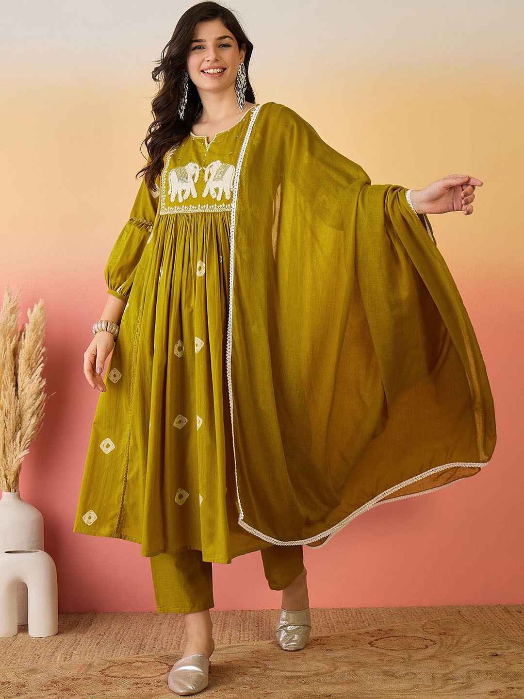 

Sangria Ethnic Motifs Embroidered Sequinned Pure Cotton Kurta And Trouser With Dupatta, Mustard