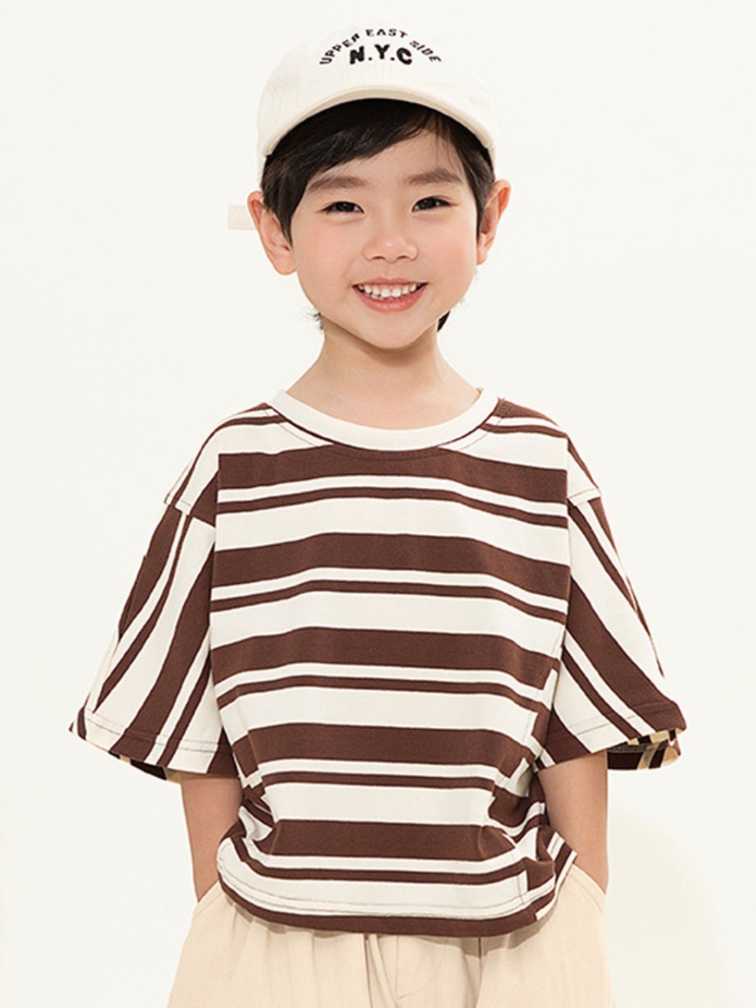 

LULU & SKY Boys Striped Extended Sleeves Pockets T-shirt, Brown